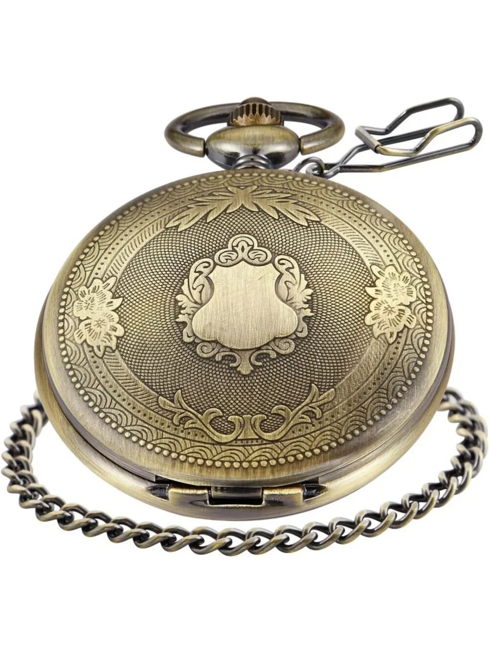 Men's Brown And Black Analog Quartz Flower Arabic Numerals Movement Pocket Watch